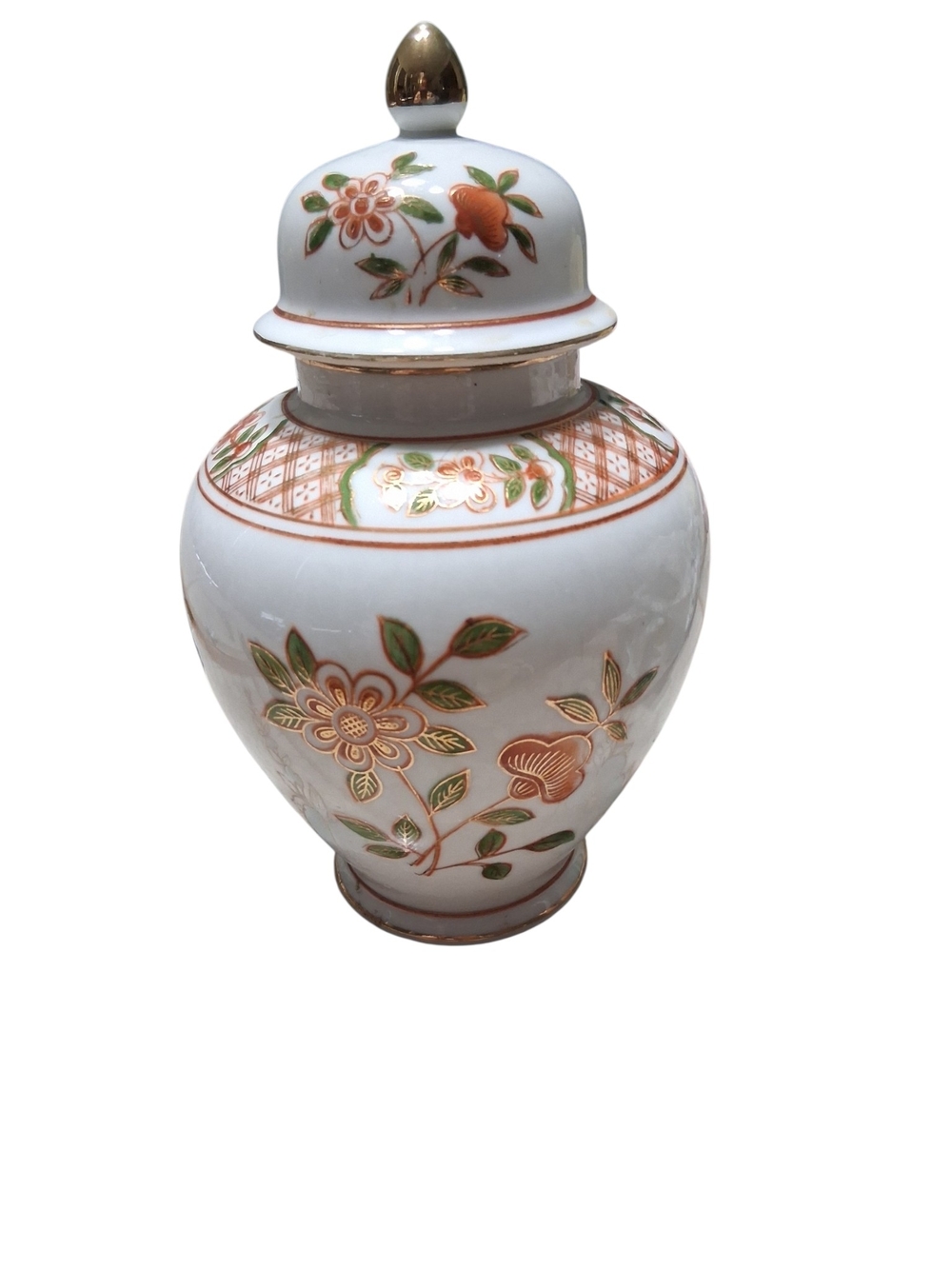 Andrea By Sadek White Porcelain Ginger Jar with Gold and Green Floral Accents